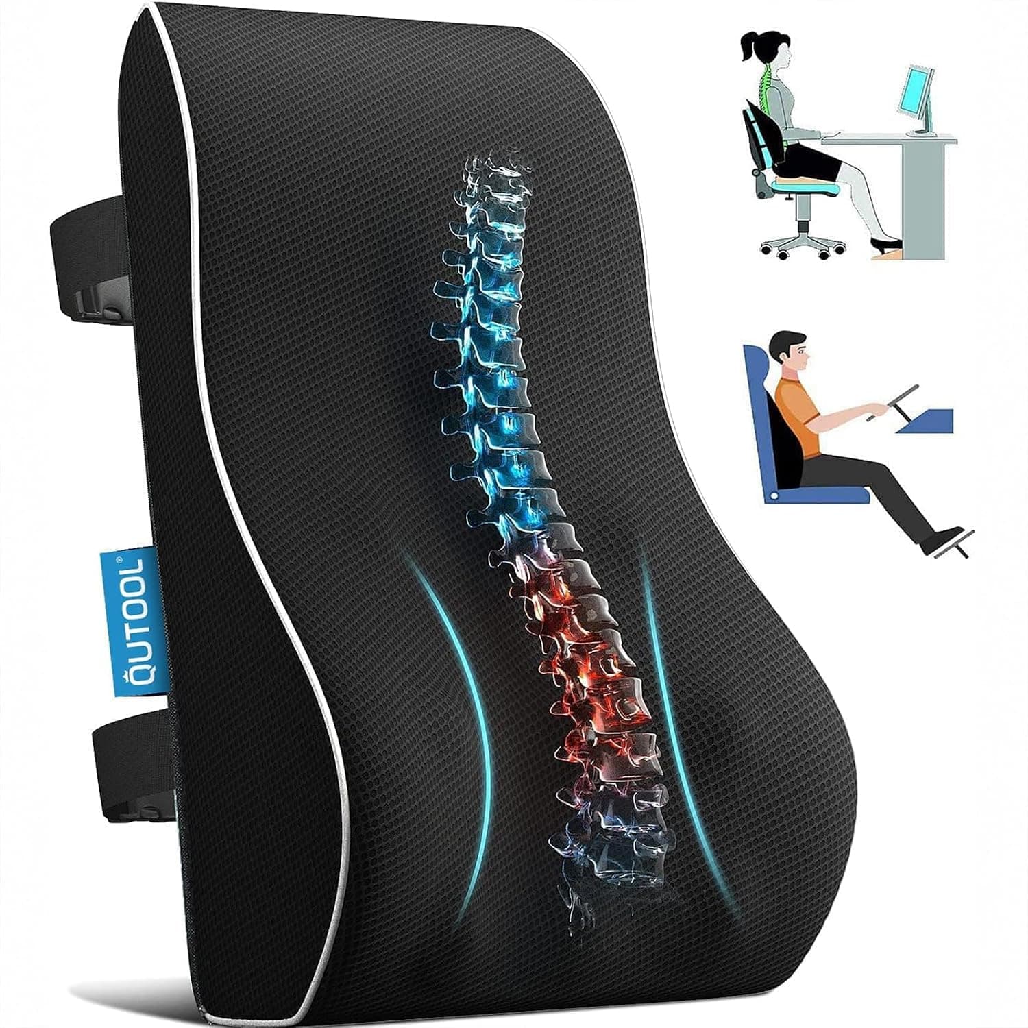 QUTOOL Lumbar Support Pillow for Office Chair, Back Support Pillow for Car & Chair, Mesh Cover, Double Adjustable Straps