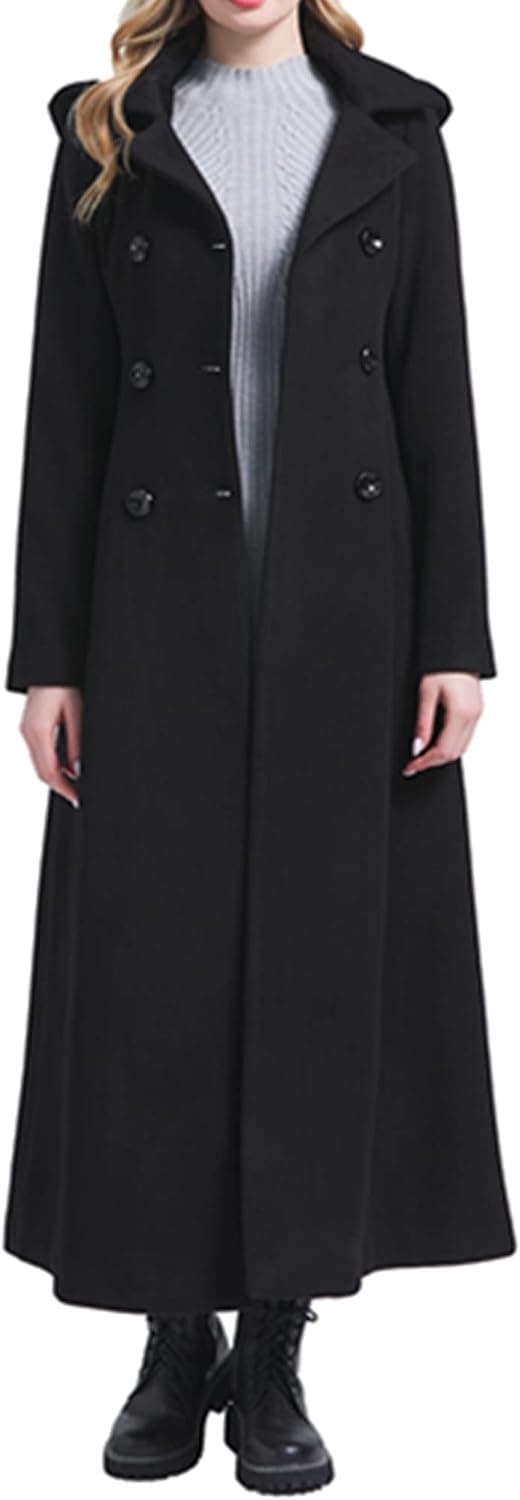 PENER Women's Charming Long Wool Trench Coat Winter Double Breasted Classic Warm Thick Jacket