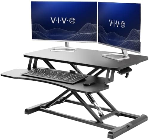 VIVO Manual Height Adjustable Standing Desk Converter, 32" Black Top | Desktop Holds 33 lbs, Height Adjustable, Stand Up Desk Riser, Wide Keyboard Tray, Black Frame, DESK-V000K