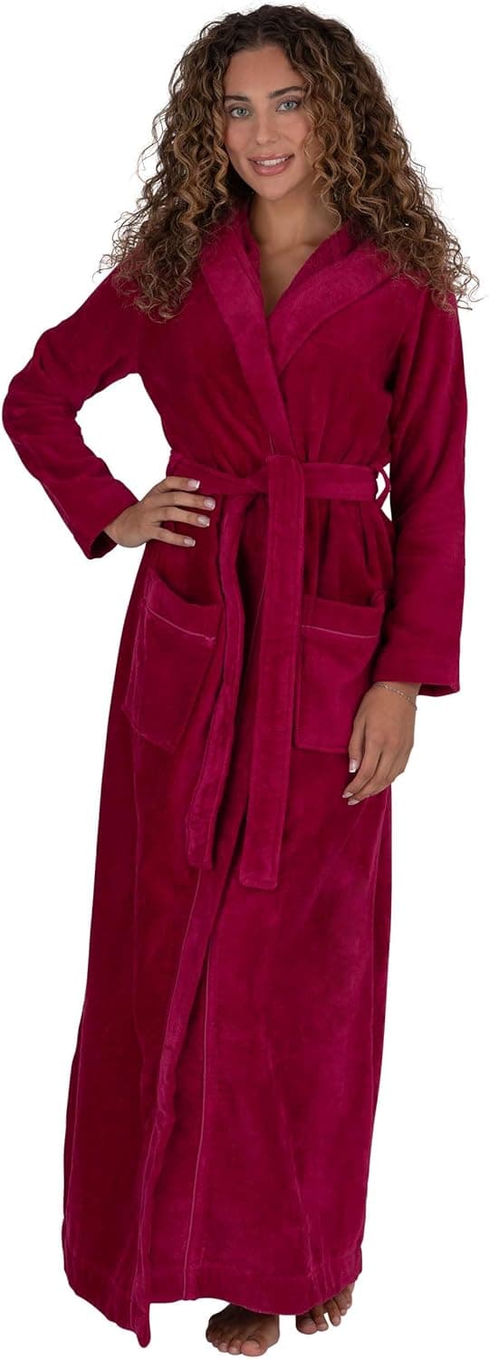 Be Relax Women's Long Robe, Hooded Bathrobe, Shawl Collar, Full Length Belted Cotton Terry Bathrobe for Women