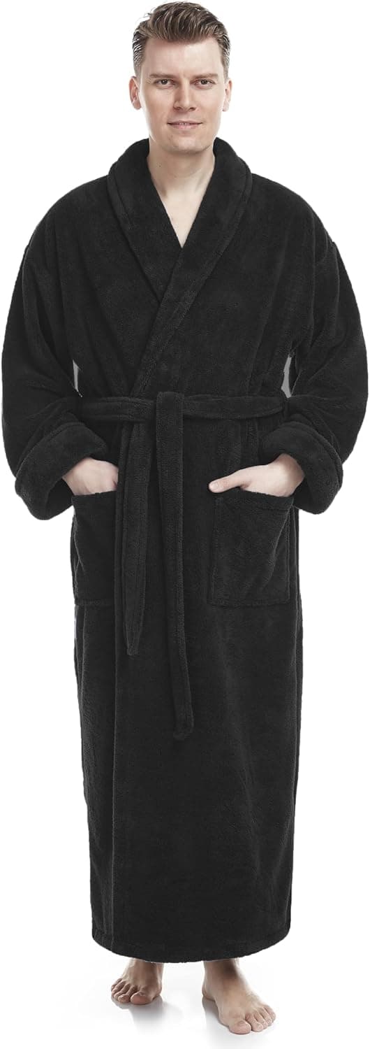 Arus Men's Shawl Collar Full Length Long Fleece Robe, Turkish Bathrobe, Black