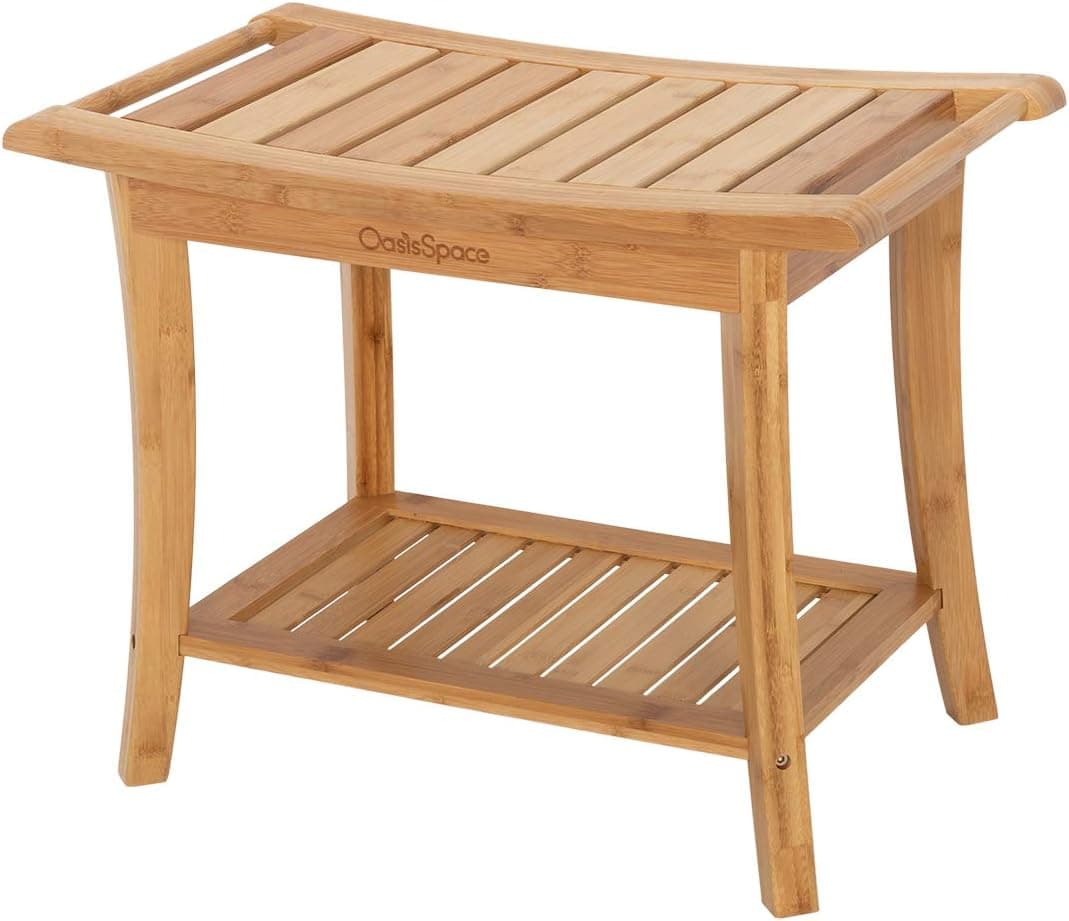 OasisSpace Bamboo Shower Bench, 24" Waterproof Shower Chair with Storage Shelf, Wood Spa Bath Organizer Seat Stool, Indoor or Outdoor