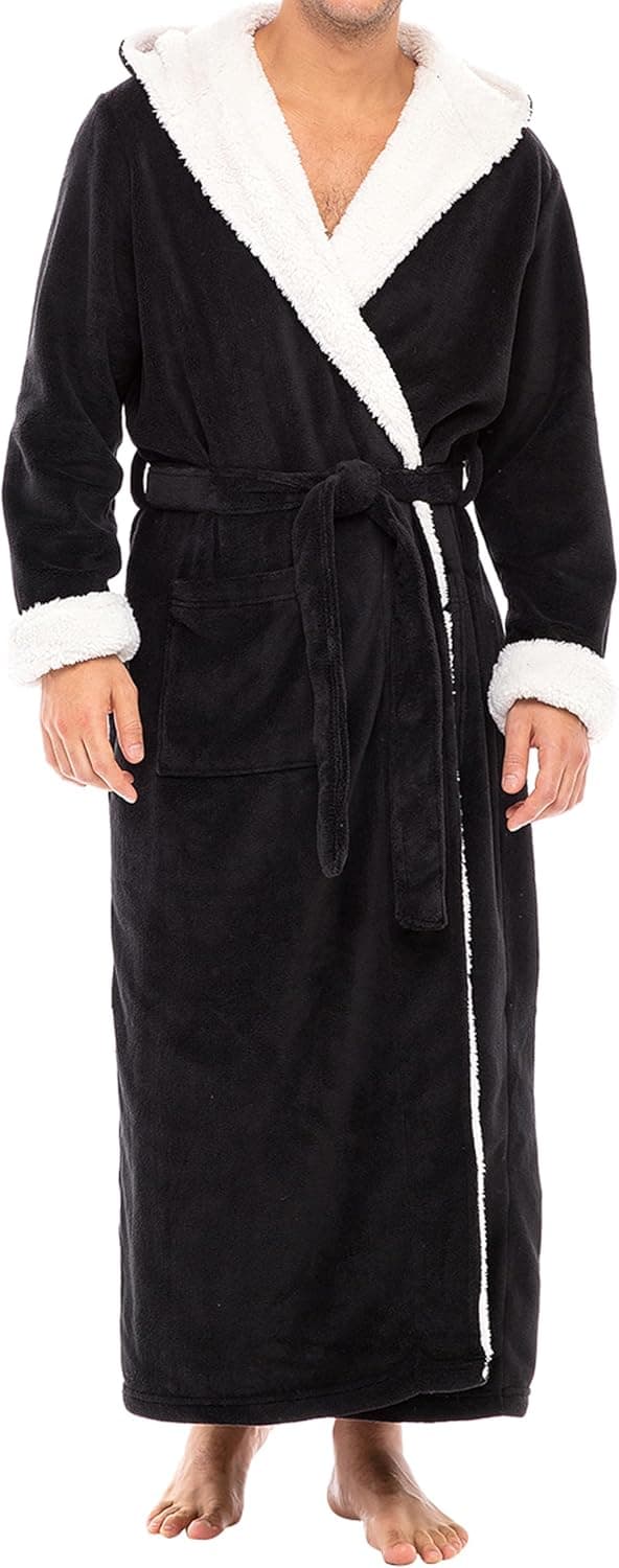 Alexander Del Rossa Plush Men's Robe with Hood, Big and Tall Sherpa Fleece Bathrobe