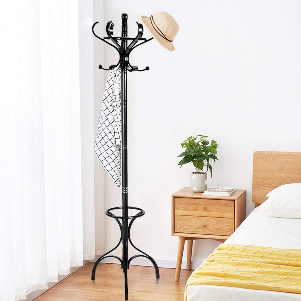 Tangkula 72" Standing Coat Rack, Wood Coat Tree with Hooks and Umbrella Holder, Free Standing Hall Tree, Black