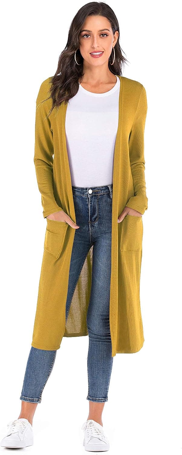 KEEMO Women's Lightweight Long Sleeve Open Front Long Duster Cardigan Sweater with Pockets