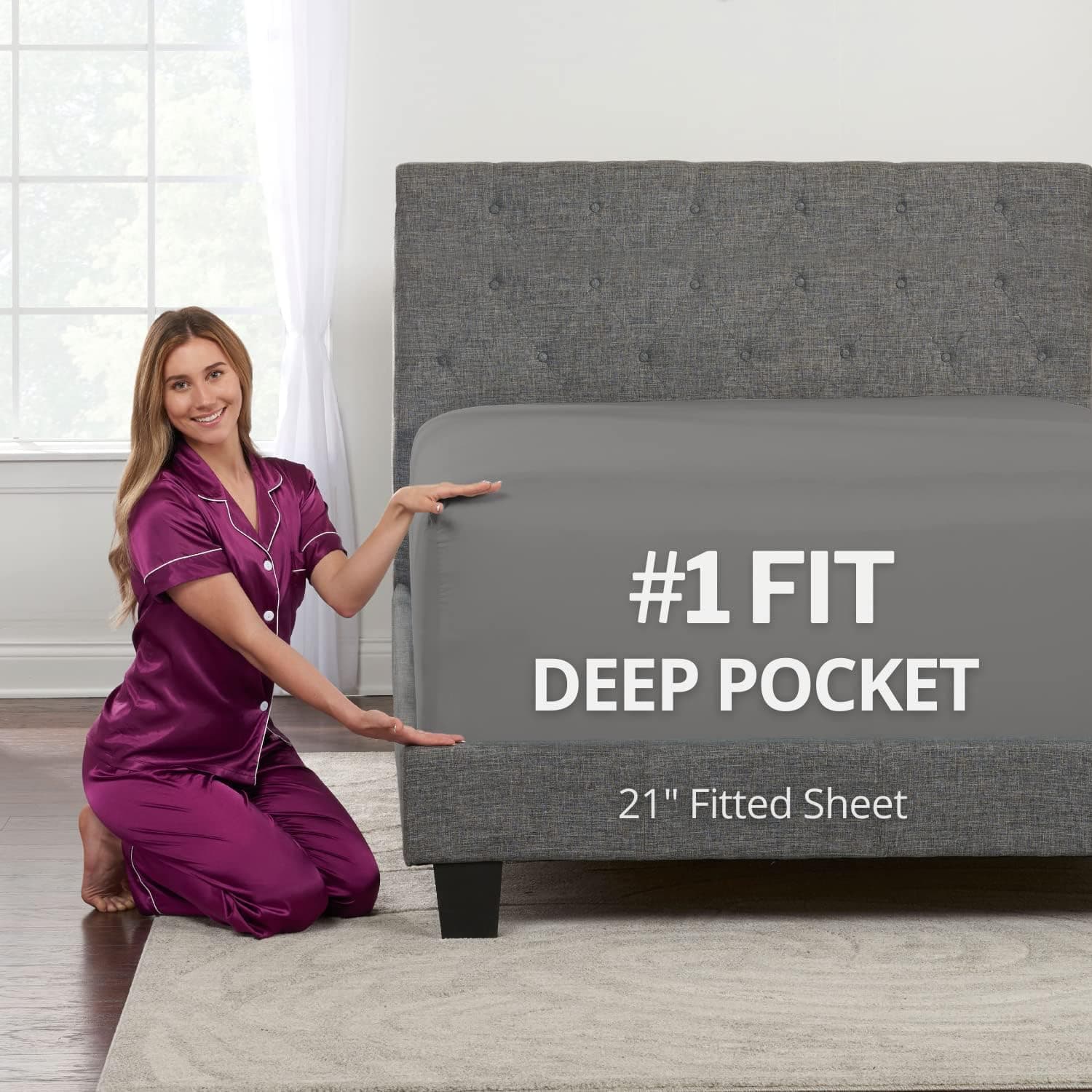 King Fitted Sheet Deep Pocket 18"-21" Extra Deep Pocket Fitted Sheet, Gray