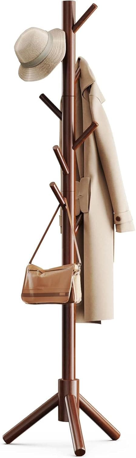 Pipishell Solid Wooden Coat Rack Freestanding, Hall Tree with 8 Hooks, 3 Height Options, Tool-Free Assembly