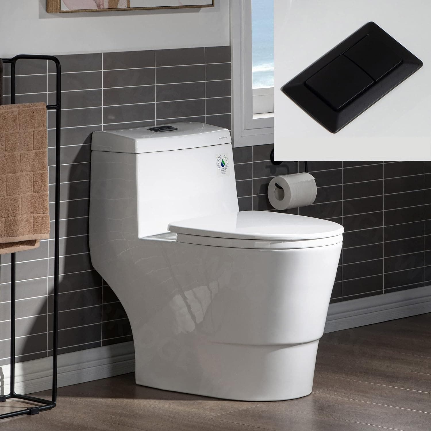 WOODBRIDGE T0001-MB One Piece Toilet with Soft Closing Seat, Chair Height, 1.28 GPF Dual Flush