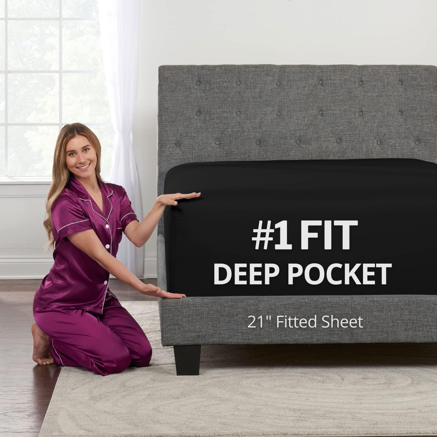 XL Twin Sheets Deep Pockets Fitted 21" Fits 17"-23" Deep Mattress - Extra Long Twin, Black