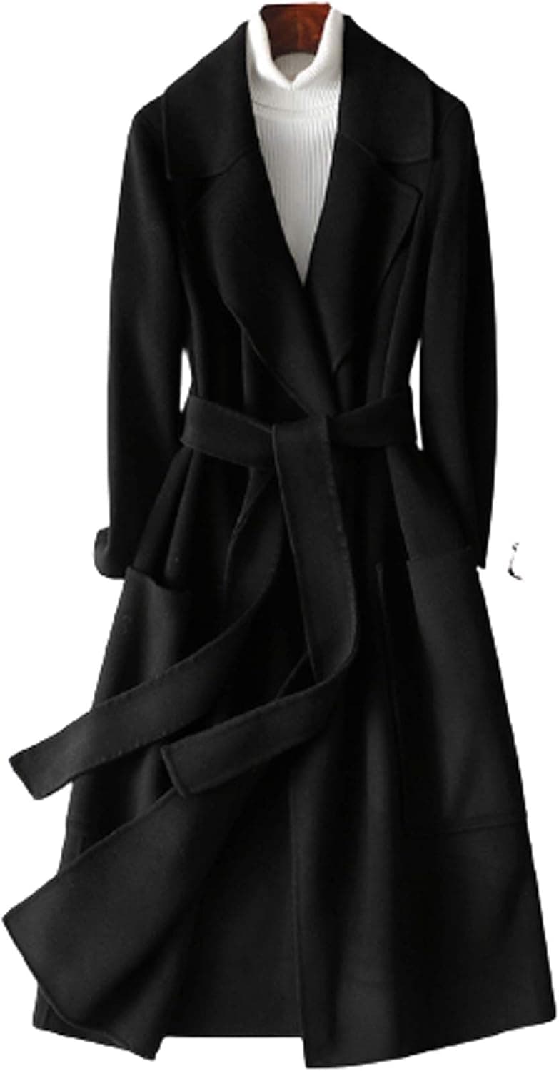 XMZFQ Women's 100% Wool Trench Coat Classic Notched Lapel Cashmere Mid-Long Jacket Woolen Overcoat with Belt