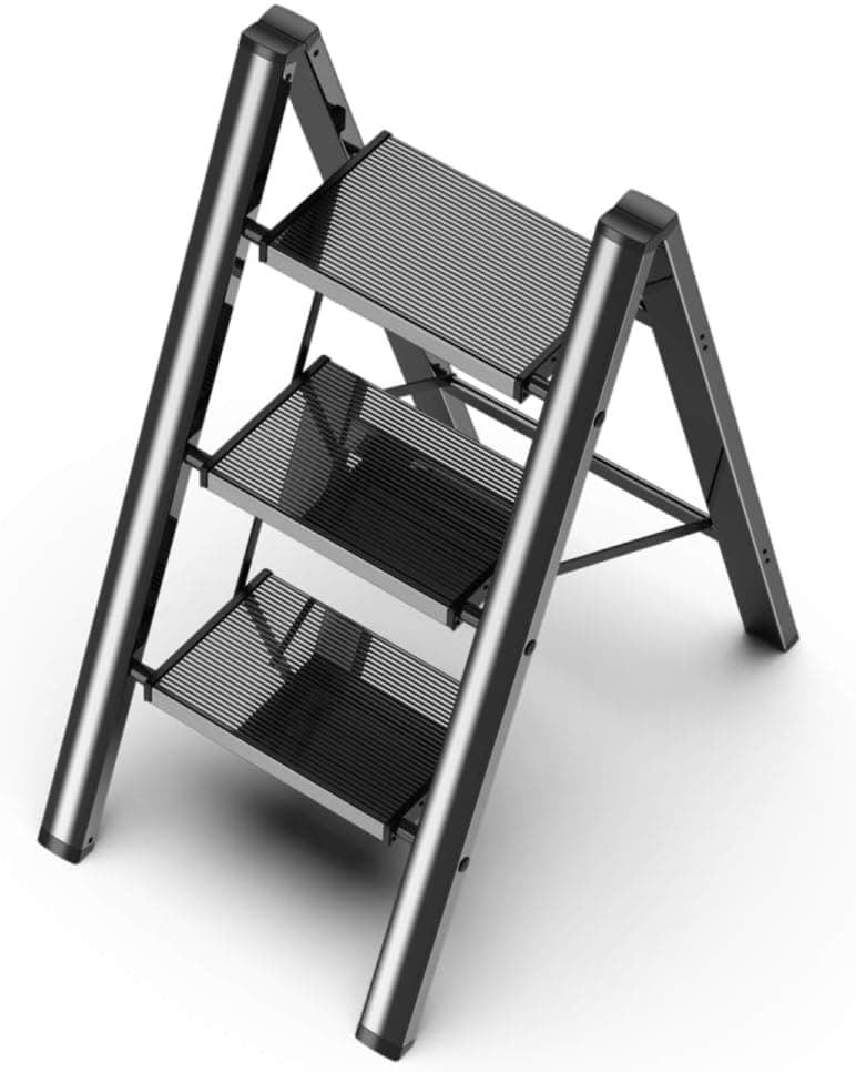 3 Step Ladder Folding Step Stool with Anti-Slip Wide Pedal, Aluminum Portable, Black, 330 lbs