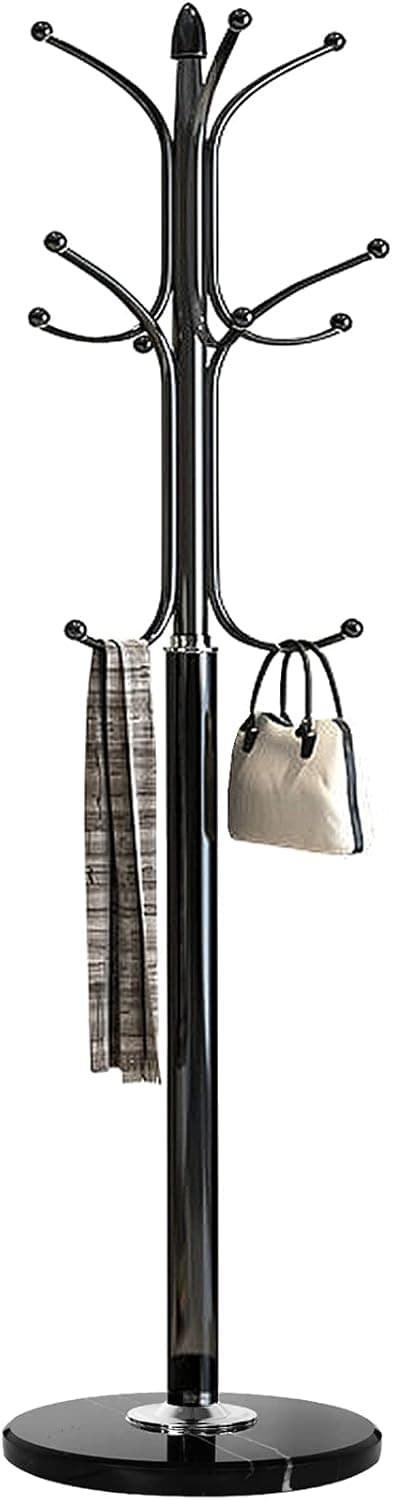 Kertnic Freestanding Coat Rack Stand, Heavy Duty Metal Hall Tree with 12 Hooks, 70 Inch Tall with Natural Marble Base, Black