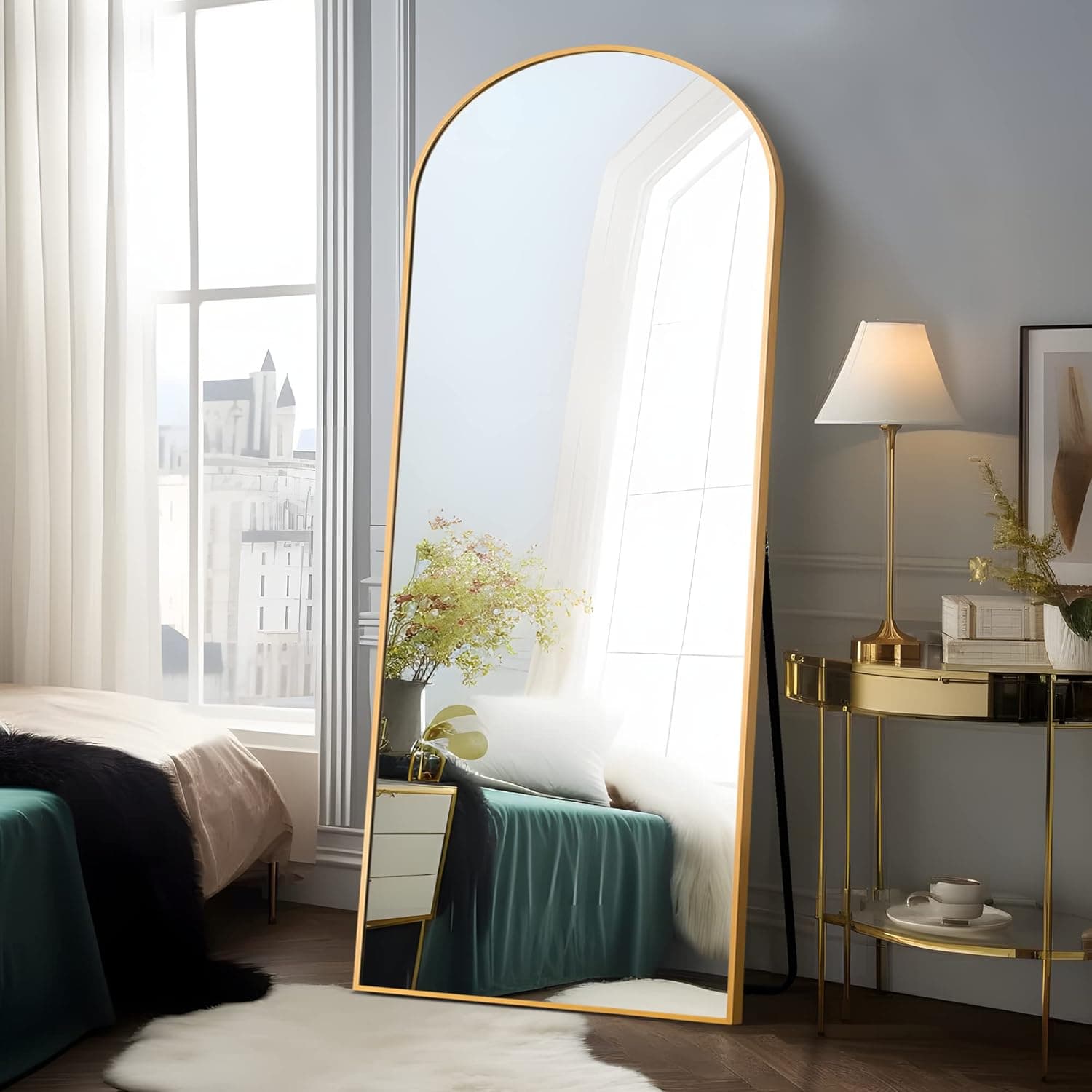 NeuType Arched Full Length Mirror, 71"x28" Floor Mirror with Stand, Large Bedroom Mirror, Aluminum Alloy Frame, Gold