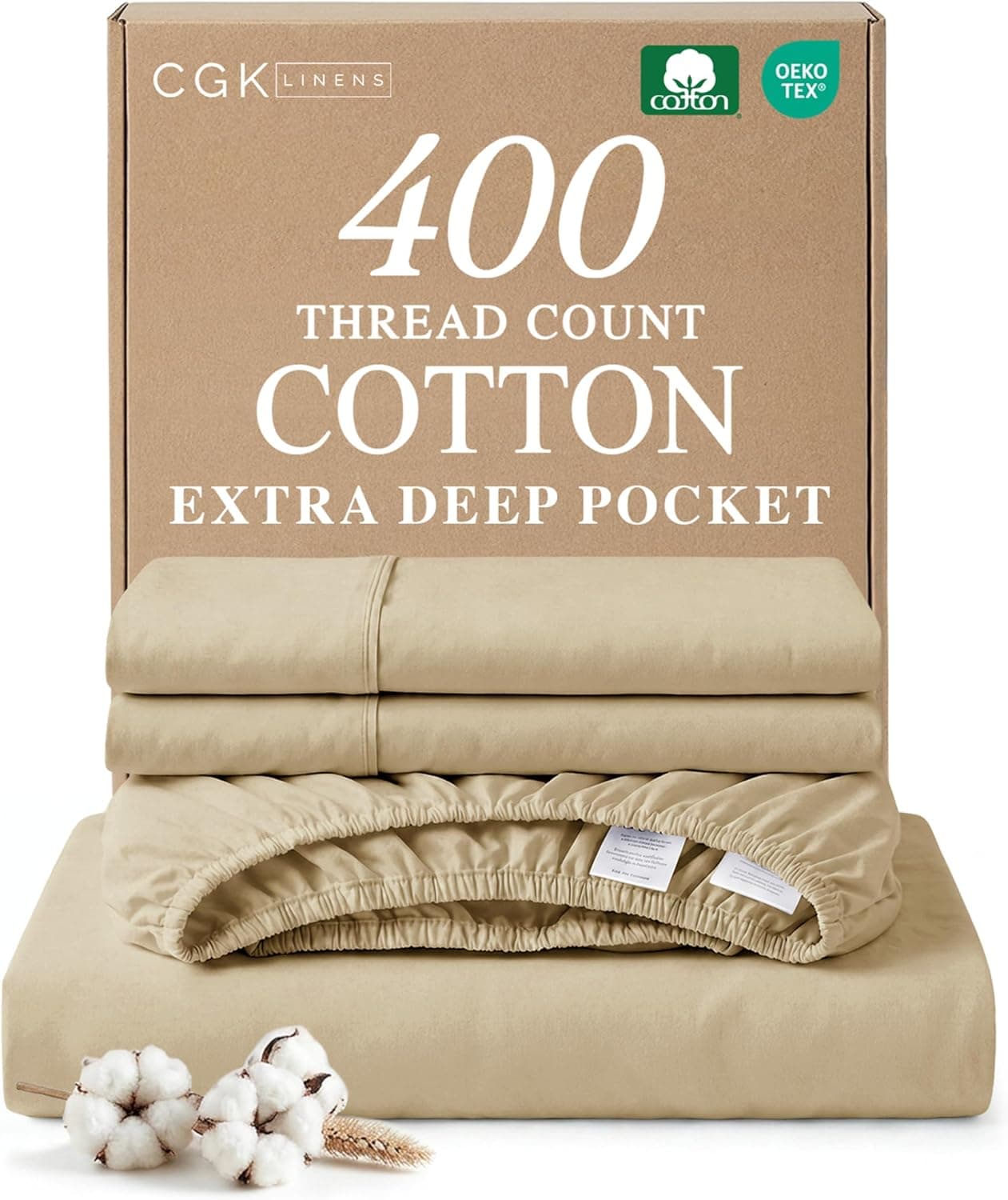 Extra Deep Pockets 400 Thread Count 100% Cotton 4 Piece California King Size Bedding Sheet Set - Breathable & Cooling - Hotel Luxury - Beige