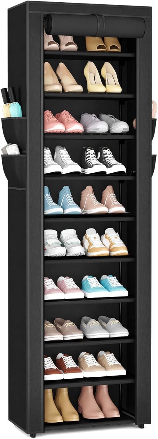 VTRIN Vertical Narrow Shoe Rack Organizer 10 Tier Tall Shoe Shelf Holds 20-22 Pairs with Dustproof Cover, Black