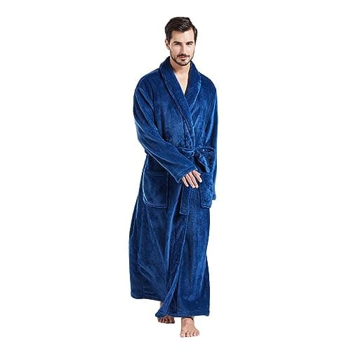 FashGudim Mens Robes Big and Tall Full Length Plush Fleece Long Robe for Men Bathrobe Shawl Collar Warm Winter House Robes (Navy,4XL)