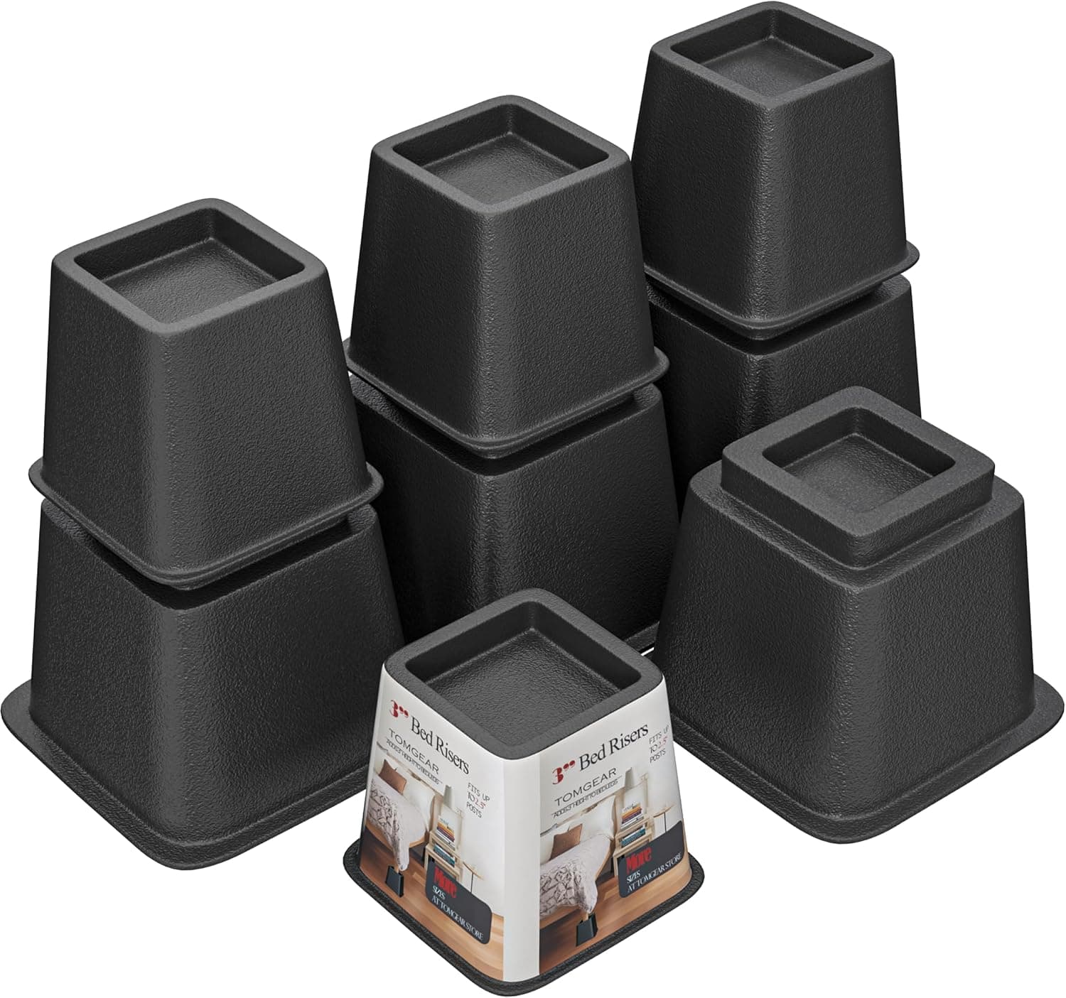 TomGear Bed Risers 8 inch Heavy Duty, Heights of 3/5/8 in, Stackable, Set of 8, Black