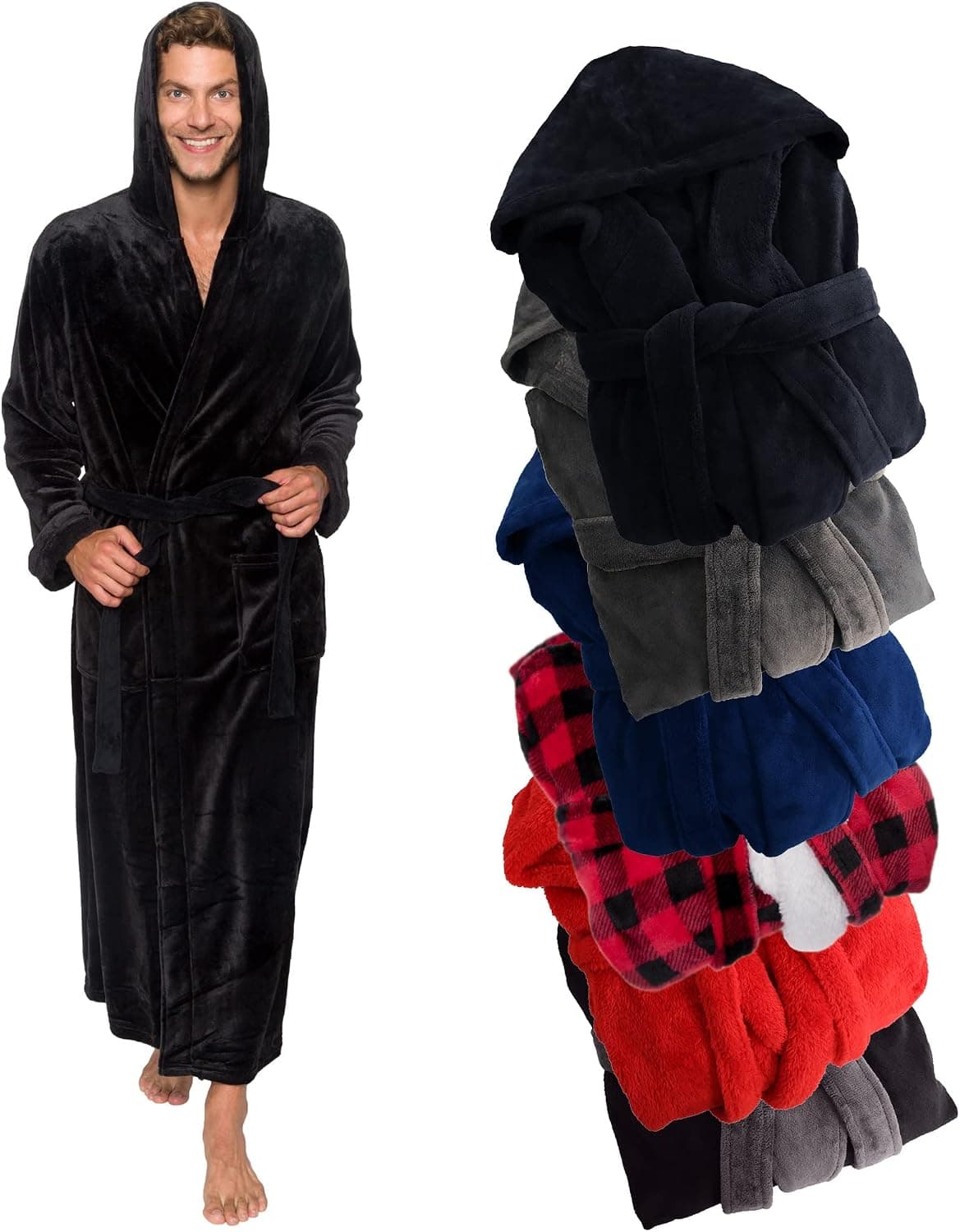Ross Michaels Men's Luxury Robe Hooded Big and Tall Long Plush Fleece Bath Robe