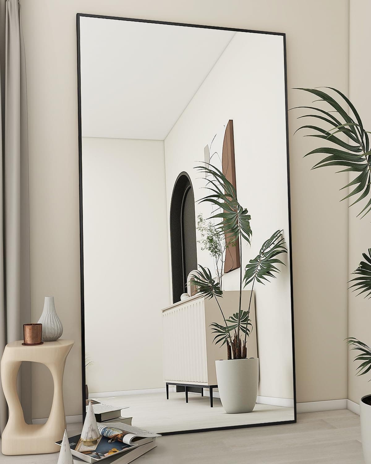 Koonmi Large Mirror Full Length 34"x76", Floor Body Mirror with Stand, Metal Frame Wall-Mounted Vanity Mirror, Hanging Leaning or Standing, Black