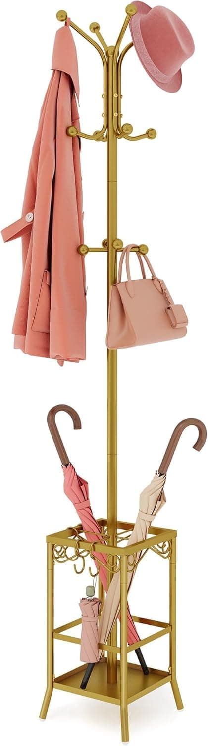 Hoctieon Coat Rack Freestanding with Umbrella Holder, Metal Coat Tree Stand with 12 Hooks, Gold