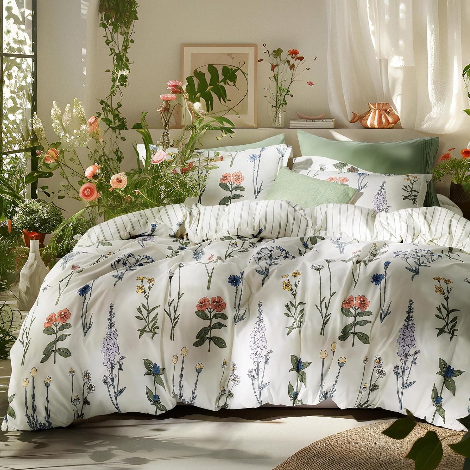 Bedsure Twin/Twin XL Comforter Set - Floral 2 Piece, Coconut White Botanical
