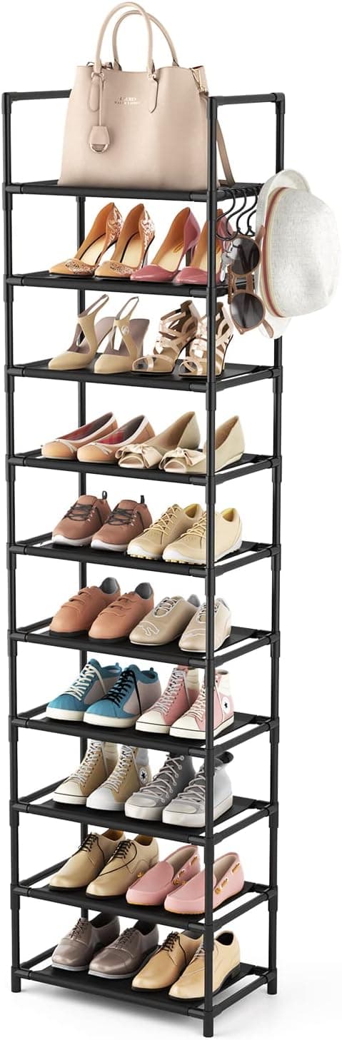 LANTEFUL 10 Tiers Tall Shoe Rack 20-25 Pairs Boots Organizer Storage Narrow Shoe Shelf with Hooks, Black