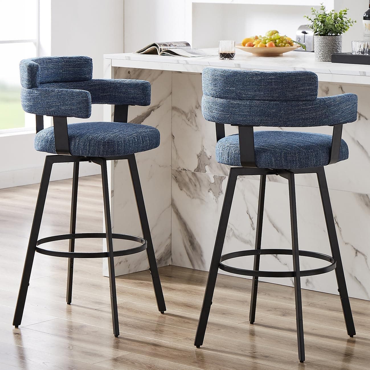 FERFALDER 30 Inch Bar Stools Set of 2 with Full Back, Swivel Bar Chairs with Linen Padded Back, Metal Footrest