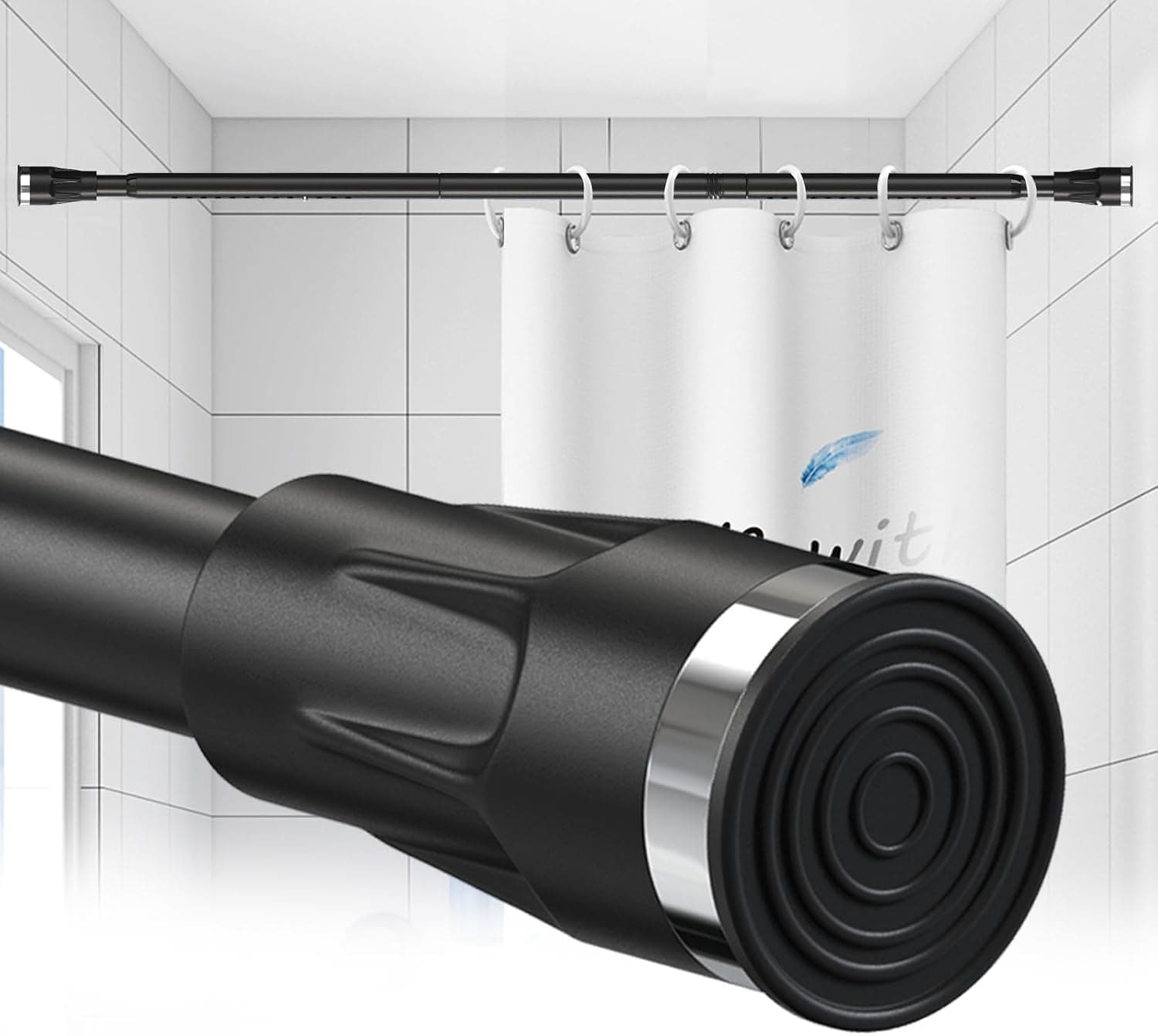 Black Shower Curtain Rod, 48-100 inch Extra Long Heavy Duty Bathroom Tension Curtain Rod with Holder, No Drilling