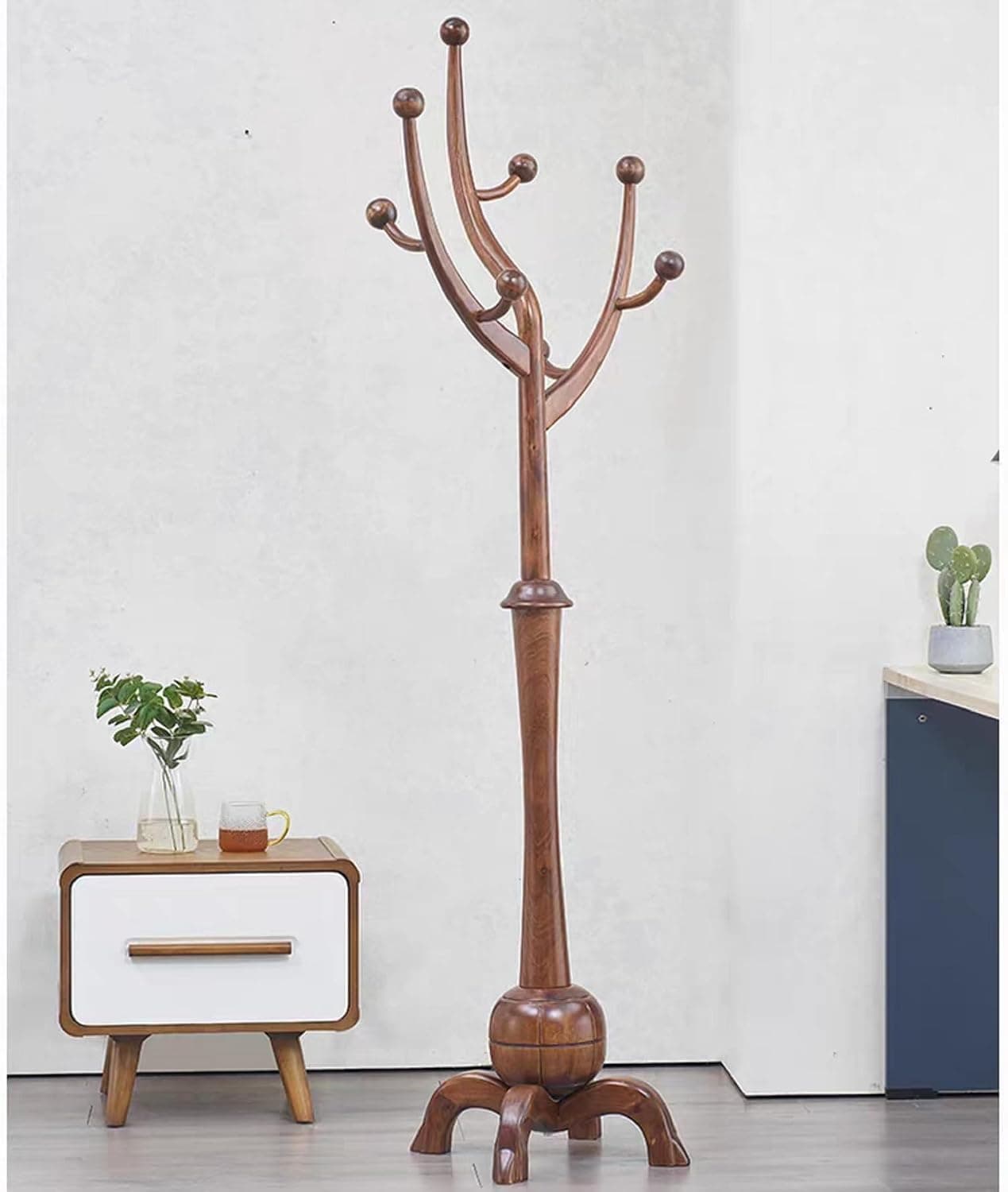 Sceobdok Wooden Coat Rack Freestanding, 70.9" Hall Tree Heavy Duty Solid Wood with 8 Hooks, Adjustable Birch