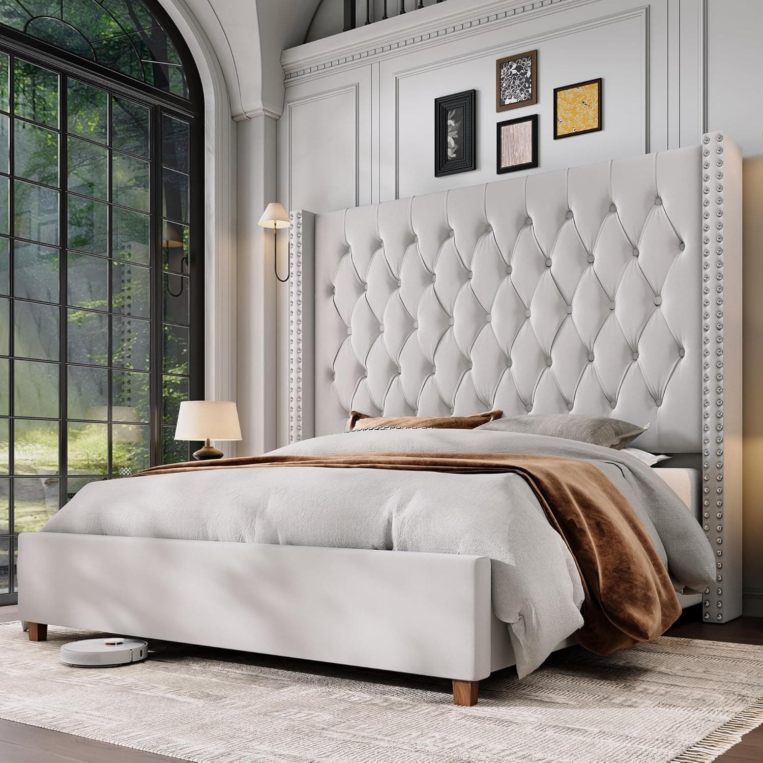 Jocisland King Size Bed Frame 61.4" Extra Tall Wingback Headboard Velvet Upholstered Tufted, Cream