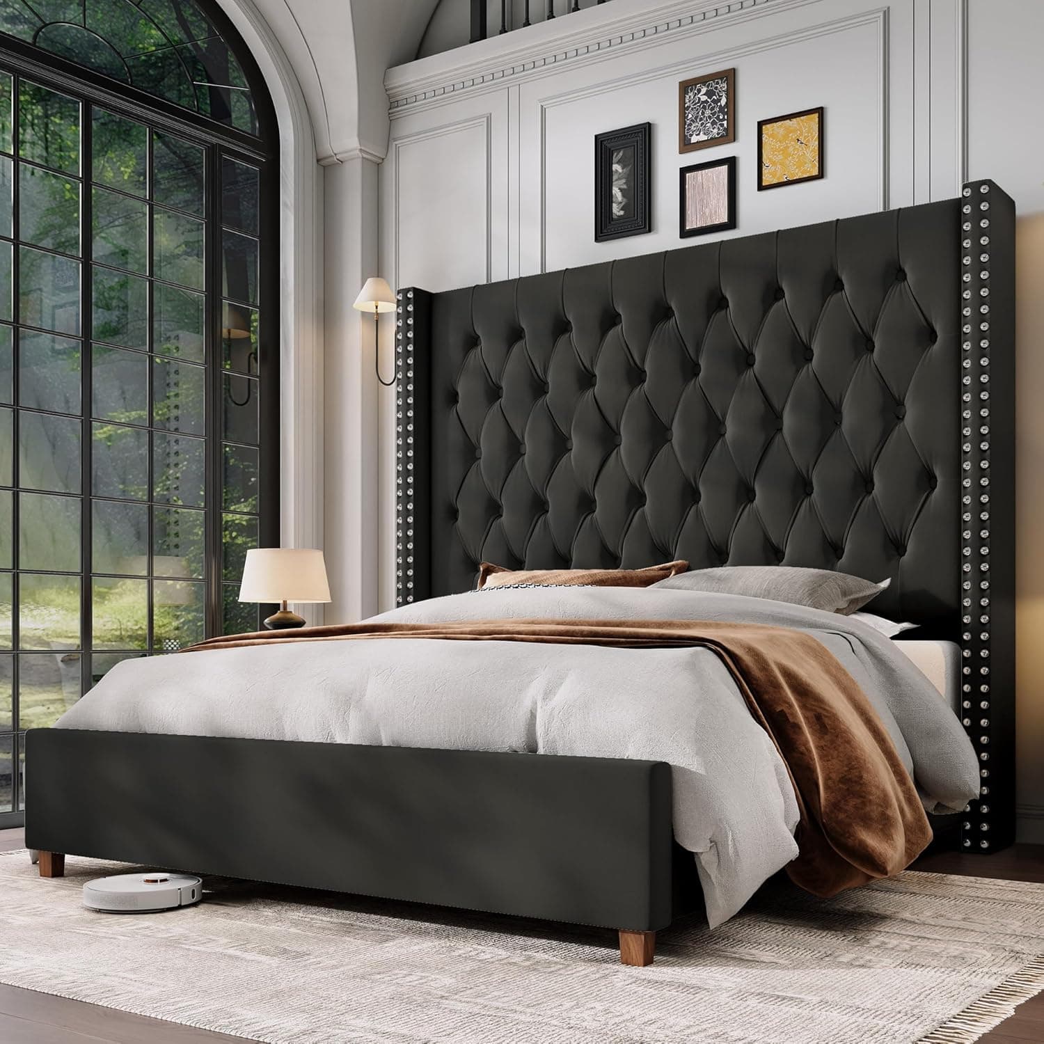 Jocisland King Size Bed Frame with 61.4" Tall Headboard, Velvet Upholstered Wingback, Black