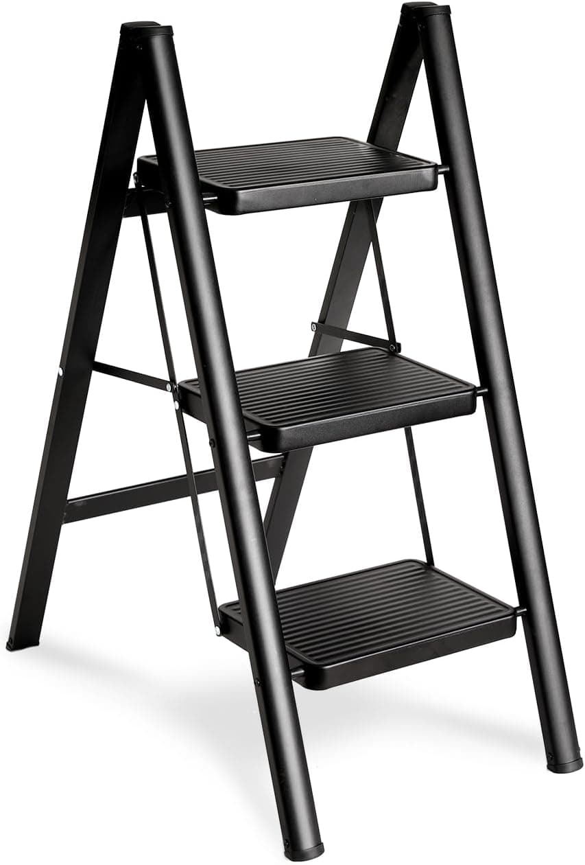 Double Elite Folding 3 Step Ladder, Sturdy 330 Lbs Steel Step Stool with Wide Pedals, Black