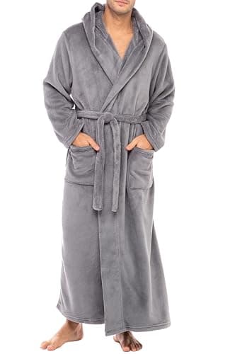Men's Gray Plush Fleece Hooded Robe with Pockets, Long Bathrobe A0125STLLG