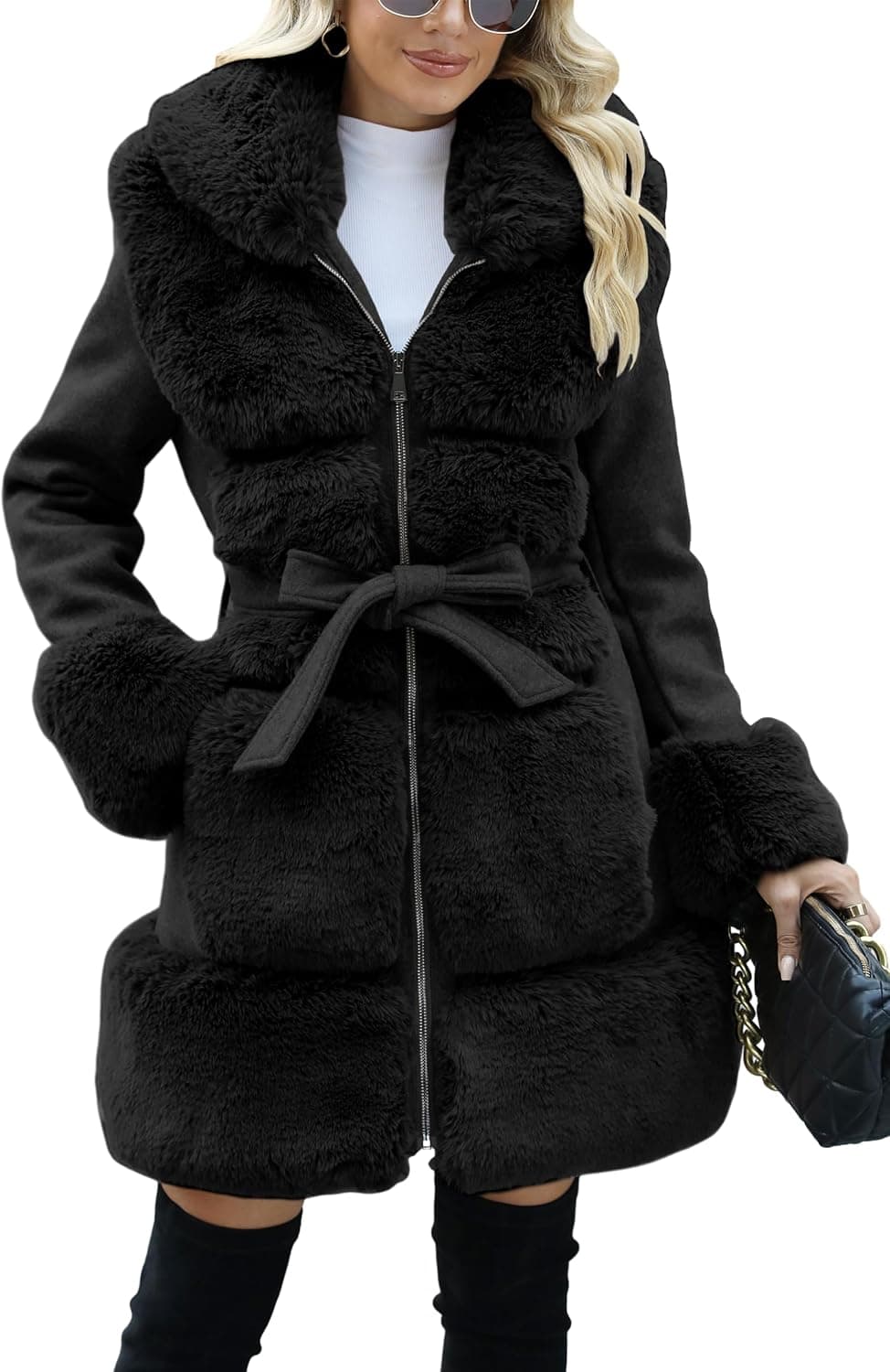 Bellivera Women's Wool Pea Coat Faux Fur Jacket Winter Warm Parka Overcoat with Belt