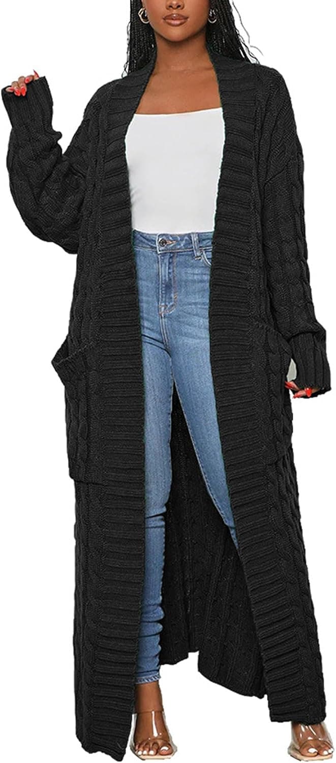 Perbai Womens Long Sweater Cardigan Open Front Cable Knit Chunky Maxi Duster Cardigan with Pockets