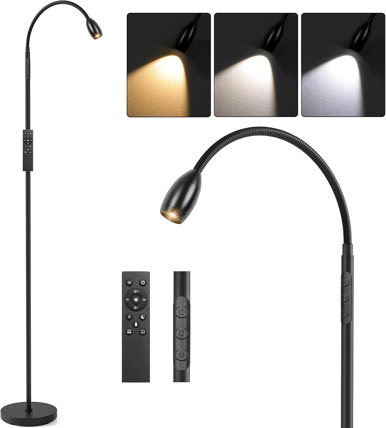 Reading Floor Lamp, 72" Tall LED Lamp with Flexible Gooseneck, Dimmable Zoomable Spotlight, Matte Black