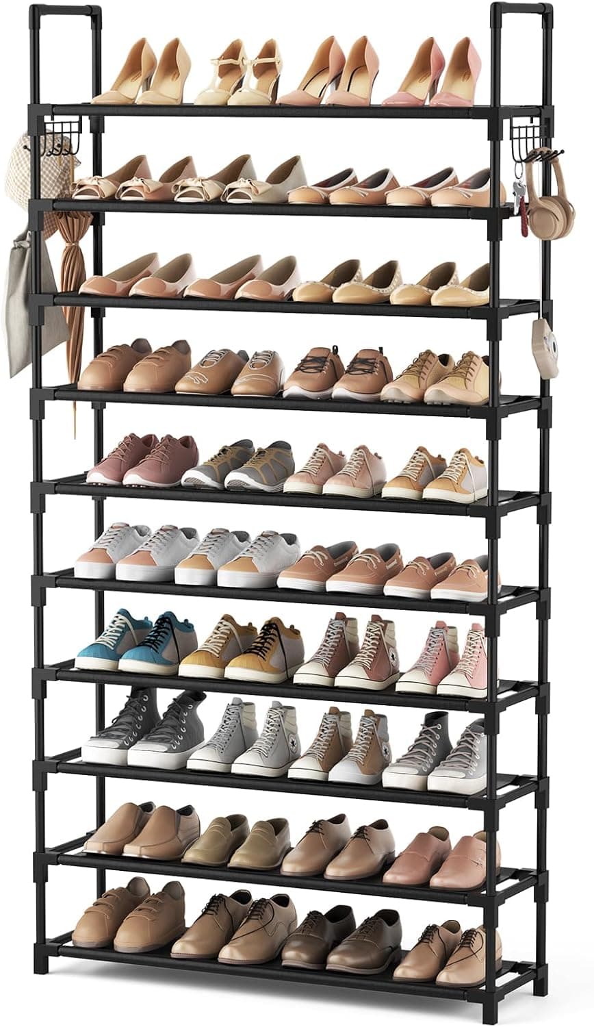 VTRIN 10 Tier Shoe Rack Tall Large Capacity Wide Shoe Organizer with Two Hooks Sturdy Metal Shelf