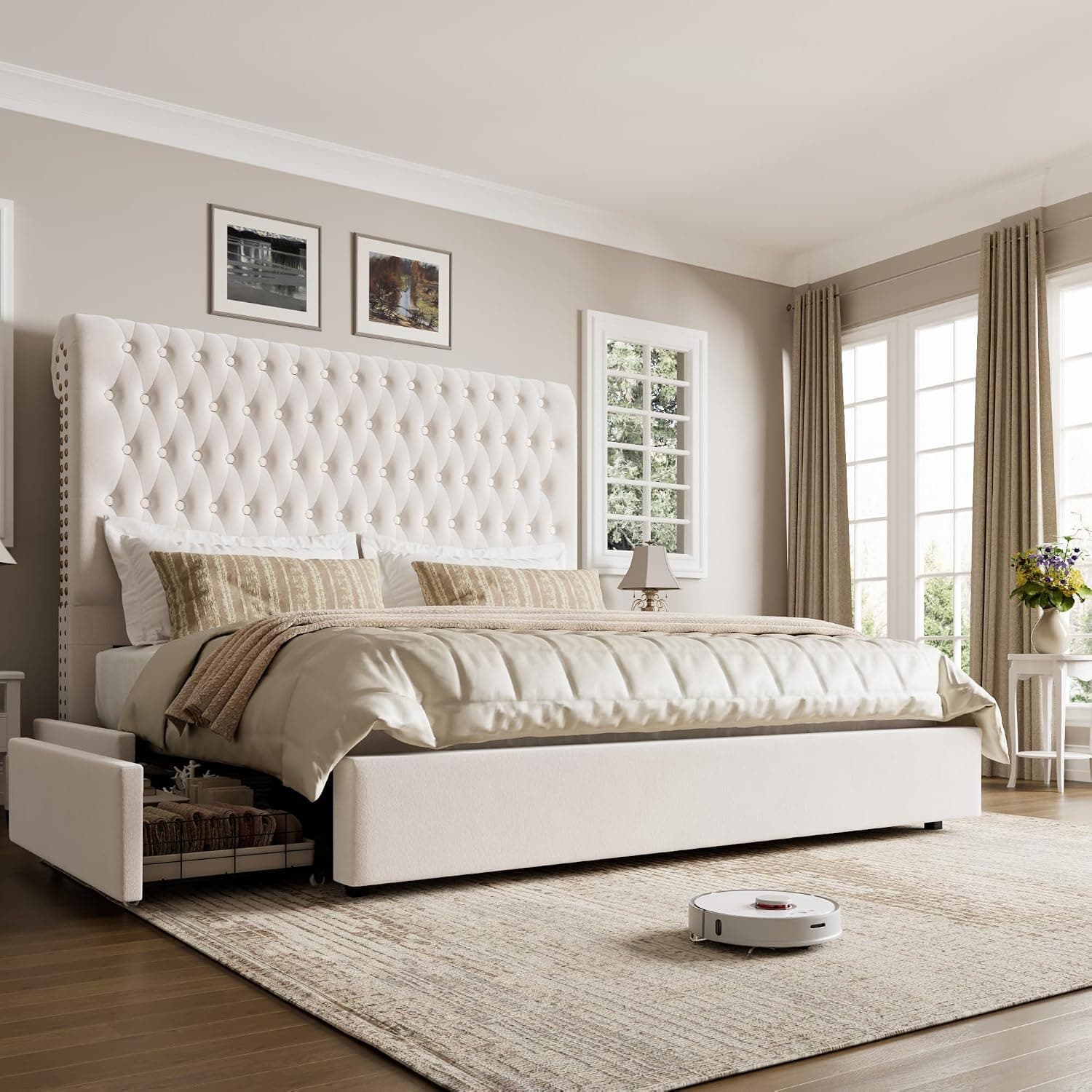 King Size Bed Frame 54" Tall Headboard Button Tufted Velvet Upholstered with 4 Storage Drawers, Beige