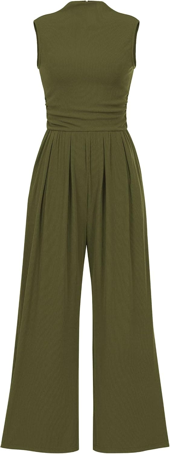 PRETTYGARDEN Womens Summer Jumpsuits Dressy Casual One Piece Sleeveless Mock Neck Wide Leg Pants Rompers with Pockets