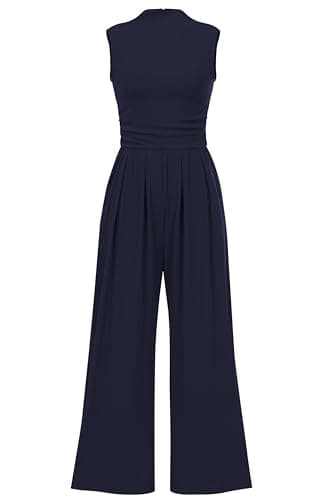 PRETTYGARDEN Womens Summer Jumpsuits Dressy Casual One Piece Outfits Sleeveless Mock Neck Wide Leg Pants Rompers with Pockets (Navy,Small)
