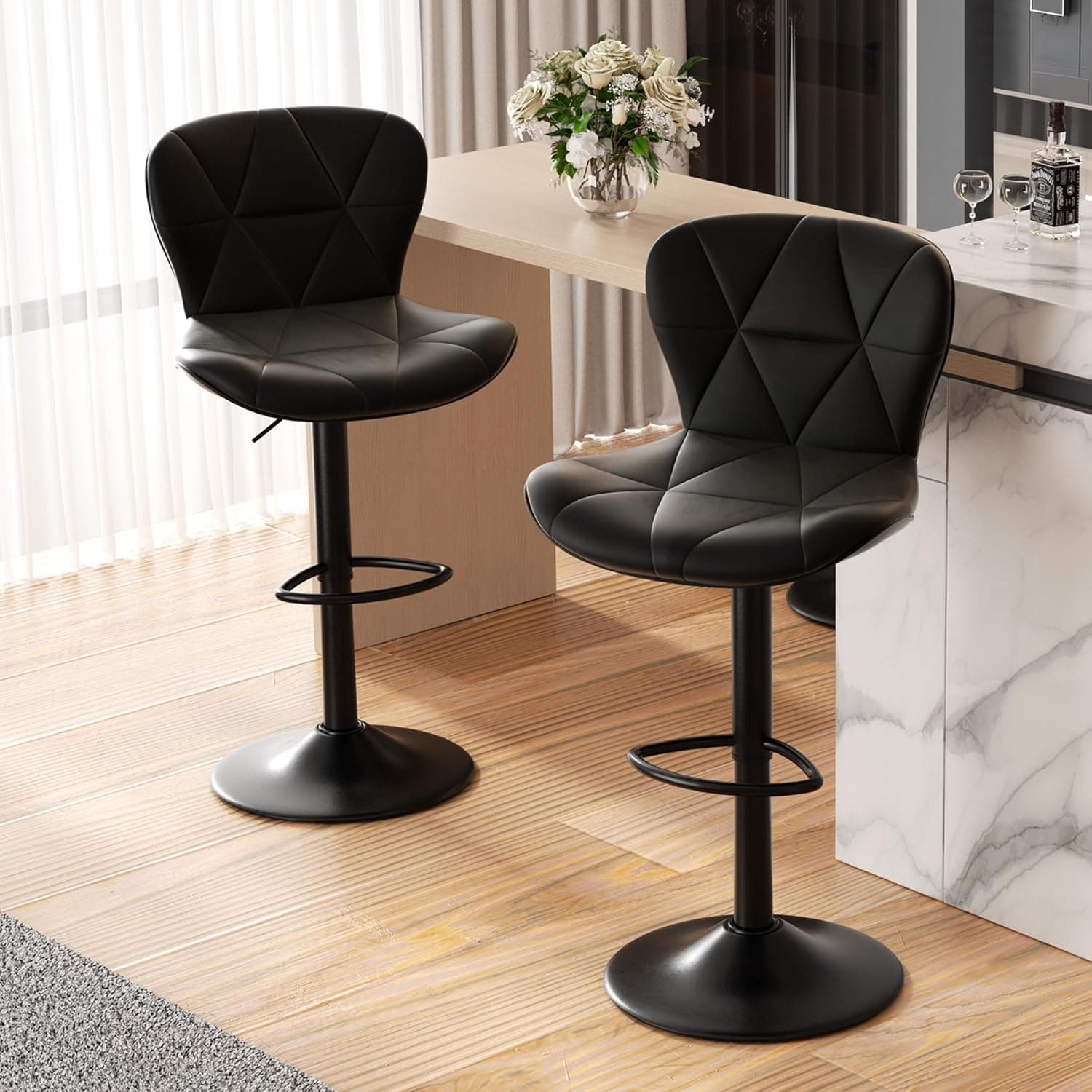 Nalupatio Modern Bar Stools Set of 2, Adjustable Faux Leather Upholstered Swivel Bar Stools