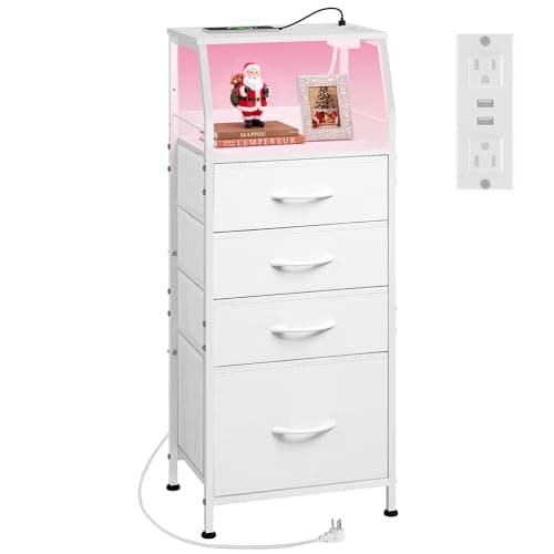 WLIVE Night Stand with Charger Station, White Nightstand with LED Light and 4 Storage Drawers, Tall Dresser for Bedroom, 37.48" H Bedside Table with Fabric Bins, Wood Shelf