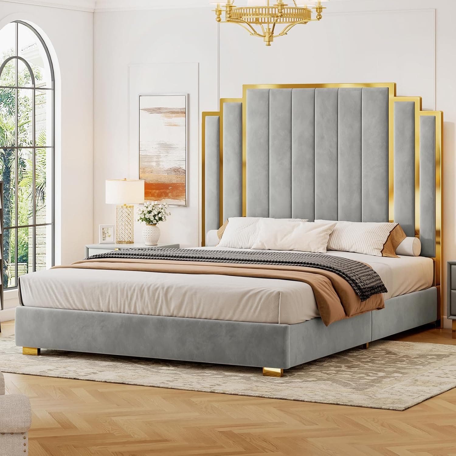 YUMPIE King Size Platform Bed Frame with 65" Extra Tall Headboard, Velvet Upholstered with Golden Trim, Gray