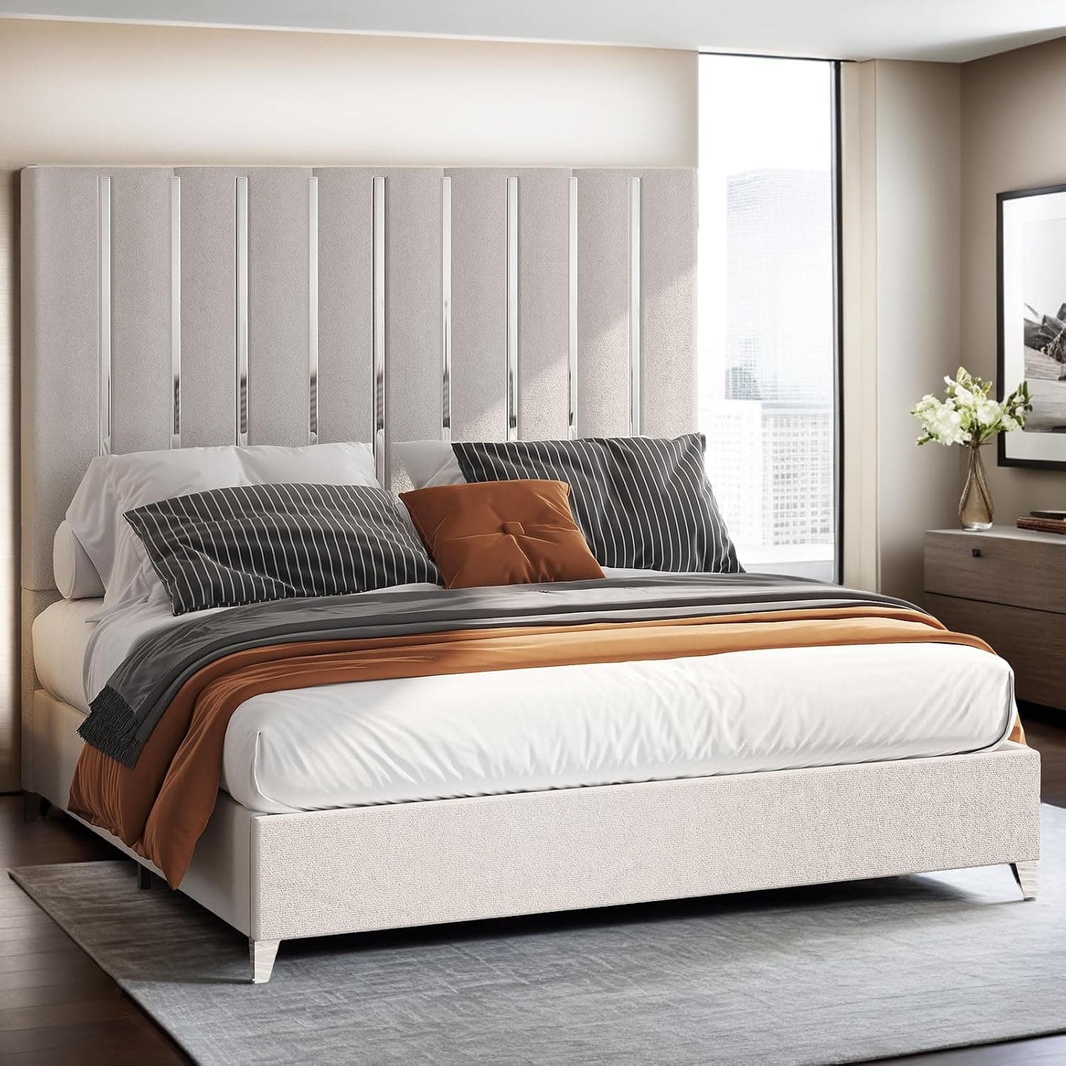 Jocisland Queen Bed Frame with 58" Tall Headboard, Velvet Upholstered with Silver Trim, Cream