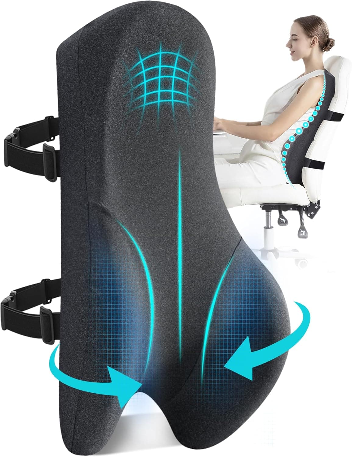 Teemour High Back Support Pillow for Office Chair, Memory Foam Lumbar Support Pillow with Adjustable Straps