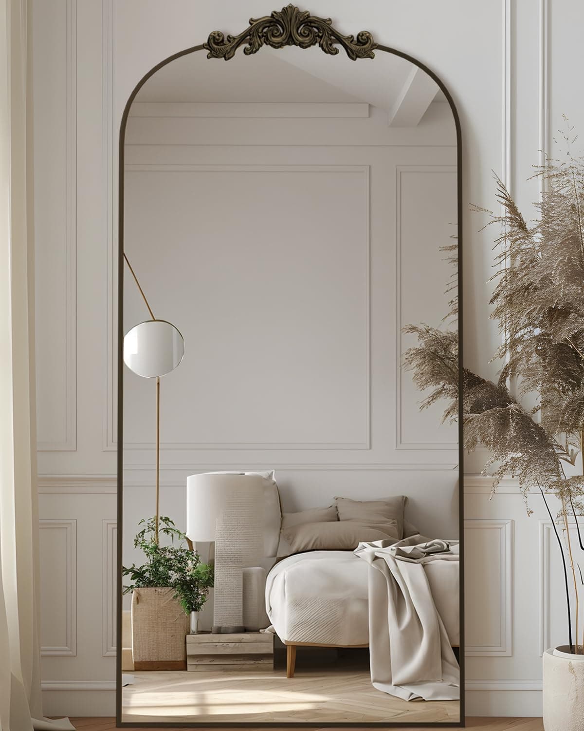 Antok Arched Full Length Mirror, 71"x28" Floor Mirror with Carved Frame, Standing/Wall Hanging Large Mirror for Bedroom, Bronze, Retro Style