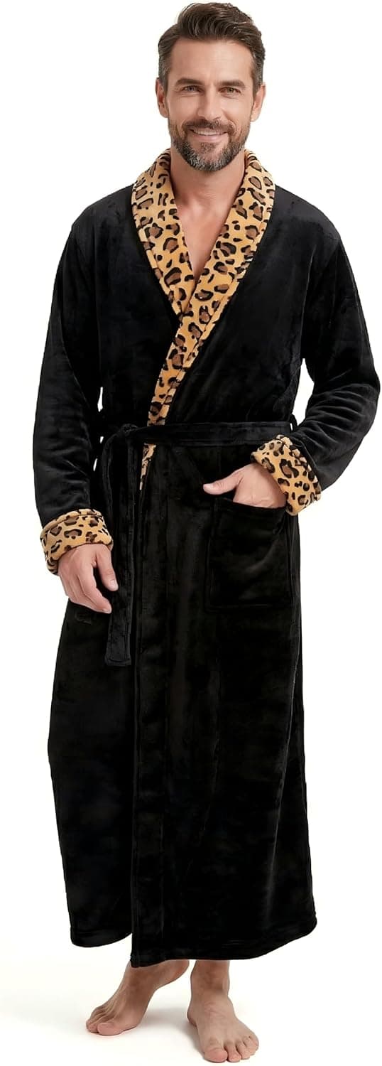 FG FEAYIGUDIM Men's Fleece Plush Bathrobe Full Length Big and Tall Shawl Collar Plaid Men Robe