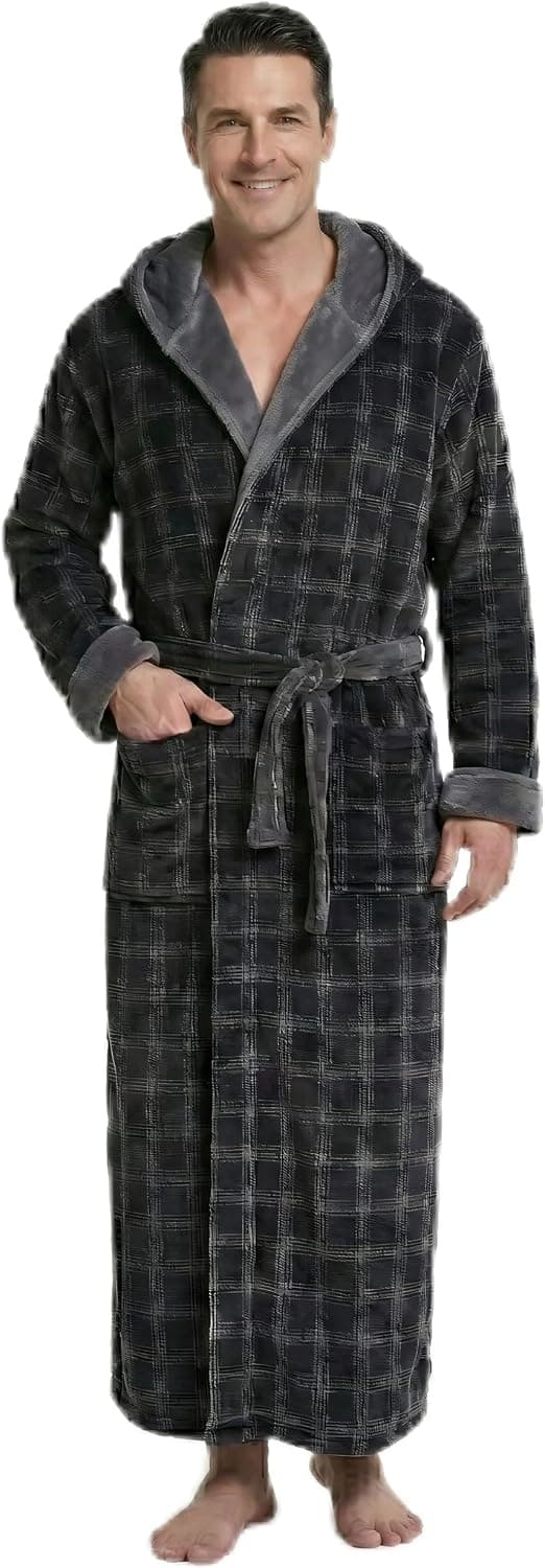 FG FEAYIGUDIM Cozy Plush Fleece Robe for Men, Big and Tall Hooded Long Robe, Warm Loungewear, Shawl Collar Pocketed Bathrobe