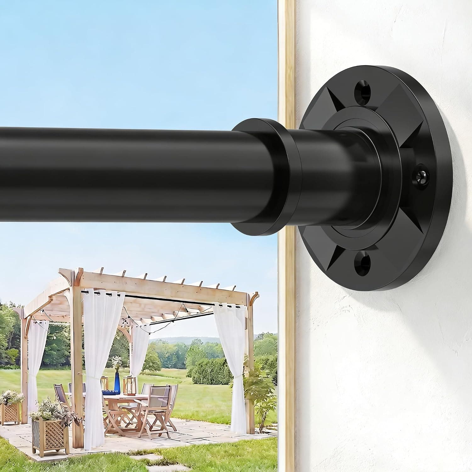 VIOREMOS Outdoor Tension Curtain Rod No Drilling 31 to 112 In Extra Long Shower Curtain Rod, Stainless Steel Black