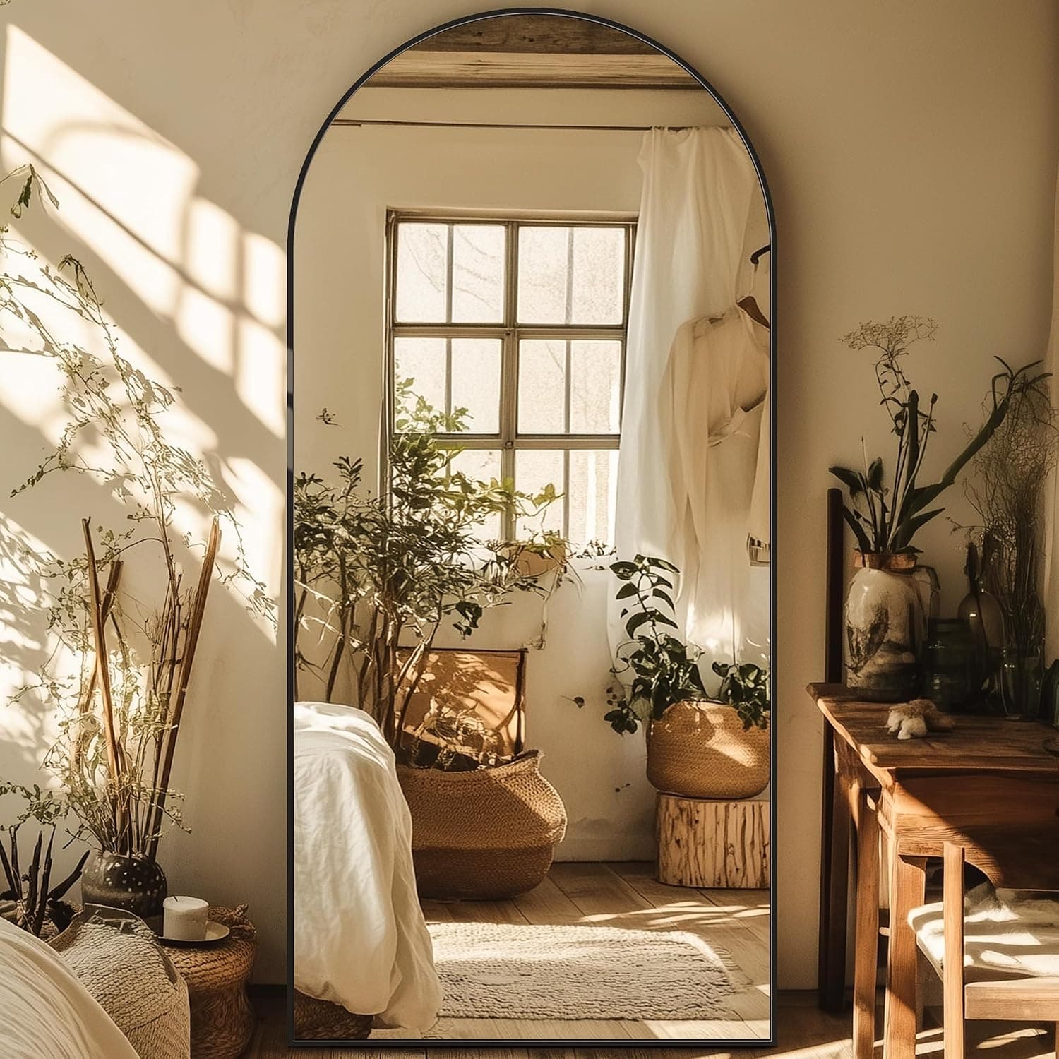 Homsion Full Length Mirror, 75.8"x33.8" Oversized Arched Mirror Large Standing Mirrors, Tall Body Floor Mirror for Bedroom Living Room Aluminum Frame, Black